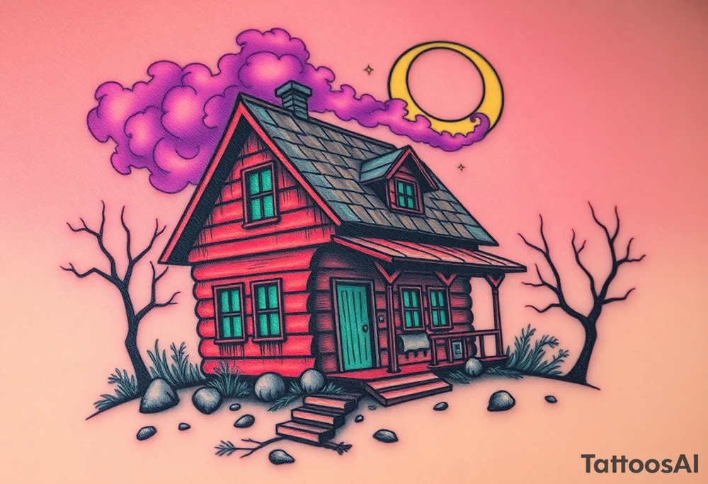 Tim Burton’s haunted pastel wood cabin home is abandoned and dripping with muted reds, dusty pinks, and eerie green glow.purple and cyan smokey clouds swirl in the crescent moonlit sky thats sprinkled with stars tattoo idea tattoo idea