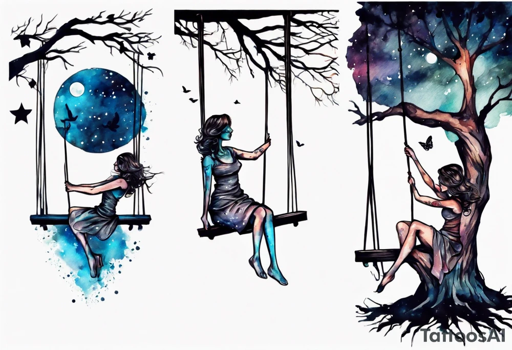 Woman on a swing off off a tree at night tattoo idea