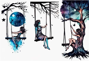 Woman on a swing off off a tree at night tattoo idea