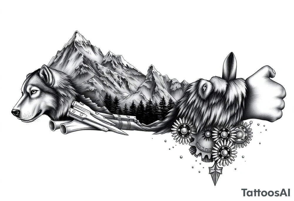 Mountains and wolves as symbols of strength and nature, combined with mechanical details (pistons, gears, rims) that are “hidden” in the landscape.

Black/gray realism with a bit of old-school shading to give a more masculine look tattoo idea