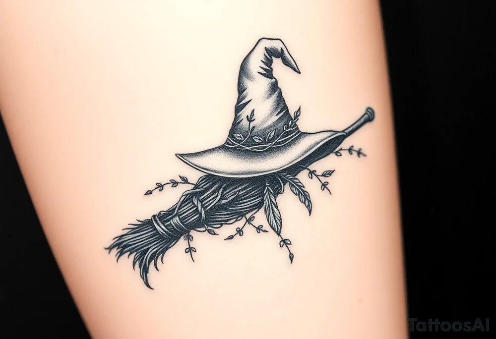 Which is broom with handle
 a witches hat with vines and feathers 
Smaller broom with hat placed on top or in the middle
Feminine and on a leg tattoo idea