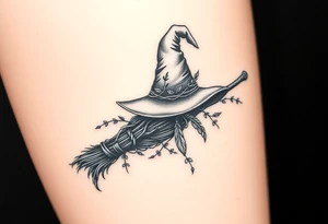 Which is broom with handle
 a witches hat with vines and feathers 
Smaller broom with hat placed on top or in the middle
Feminine and on a leg tattoo idea
