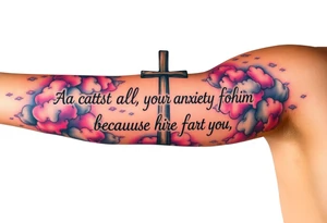 cast all your anxiety on him because he cares for you"  surrounded with clouds and cross big horizontal tattoo idea
