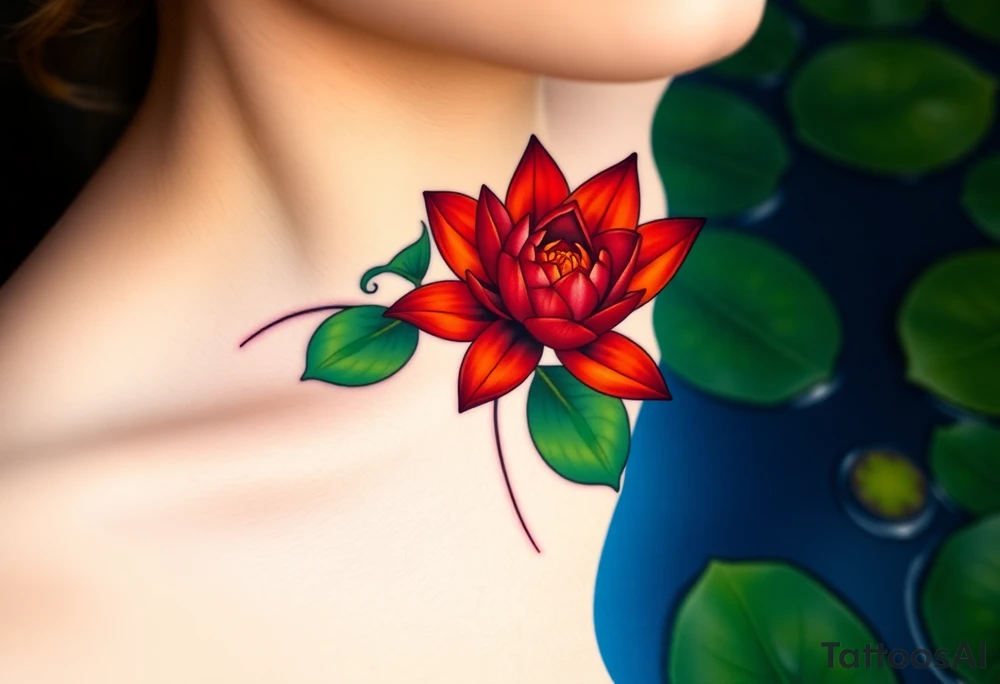 A vibrant red water lily, with fiery orange accents, surrounded by darker green water leaves and deep blue water, symbolizing passionate love and strength tattoo idea