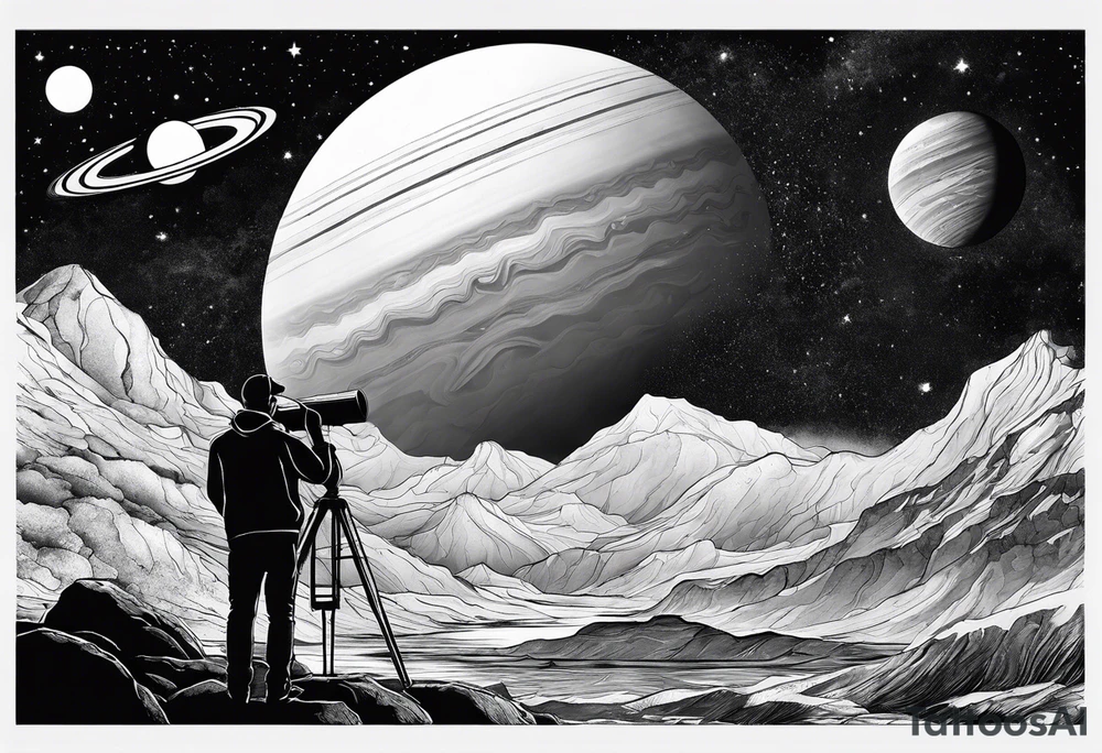 rock painting of a man with a telescope observing Saturn tattoo idea
