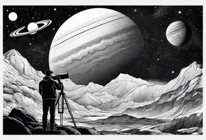 rock painting of a man with a telescope observing Saturn tattoo idea