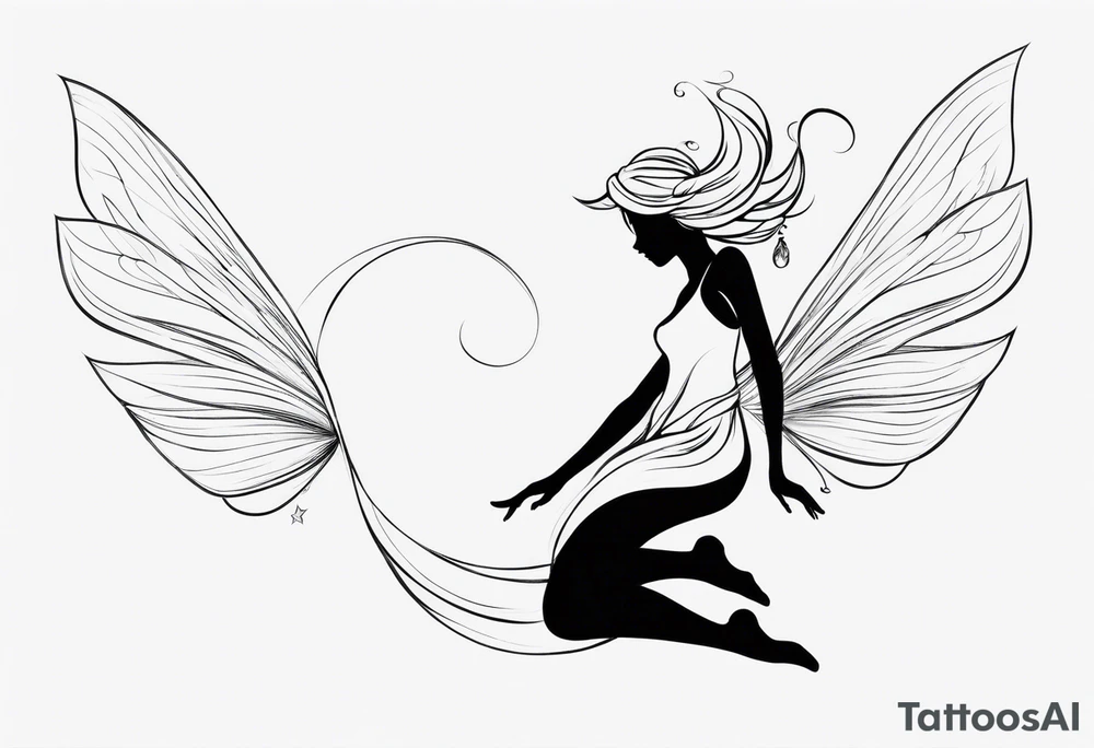 Minimalistic, monochromatic fairy with a tail flying to the left in a fetal position, leaning and looking in the same direction, with visible hands, embodying the 'Fairy Tail' logo aesthetic. tattoo idea