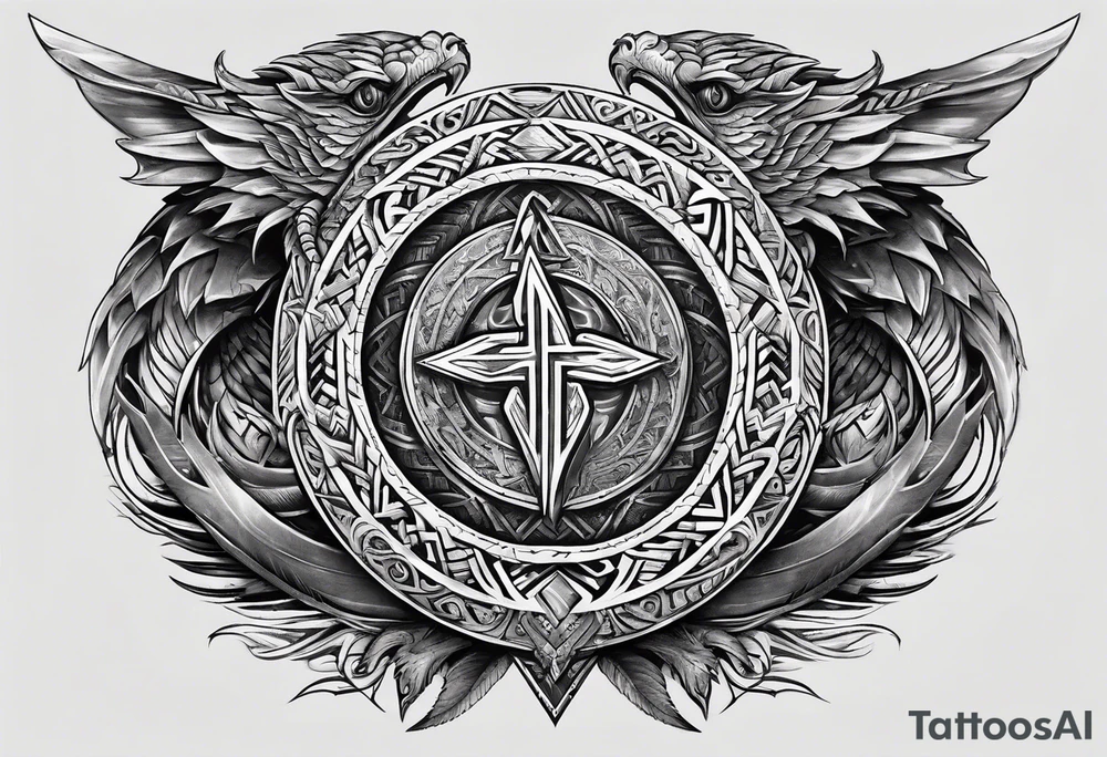 Valhalla sword shield dragon axe Valknut  tribal tattoo idea