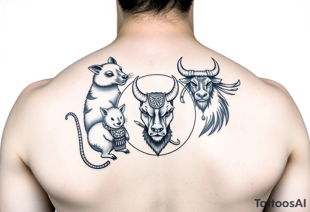 Japanese style tattoo consisting zodiac animals: rat, dog, goat, and ox all dressed up Samurai warrior style in a circular formation on the left of back tattoo idea