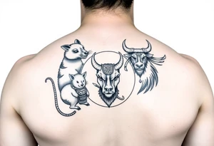 Japanese style tattoo consisting zodiac animals: rat, dog, goat, and ox all dressed up Samurai warrior style in a circular formation on the left of back tattoo idea