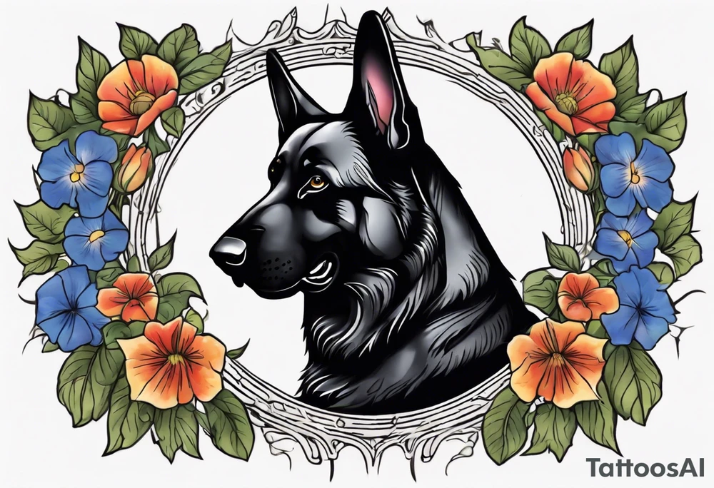 Black German shepherd portrait brightly colored with morning glories tattoo idea