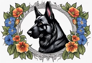 Black German shepherd portrait brightly colored with morning glories tattoo idea