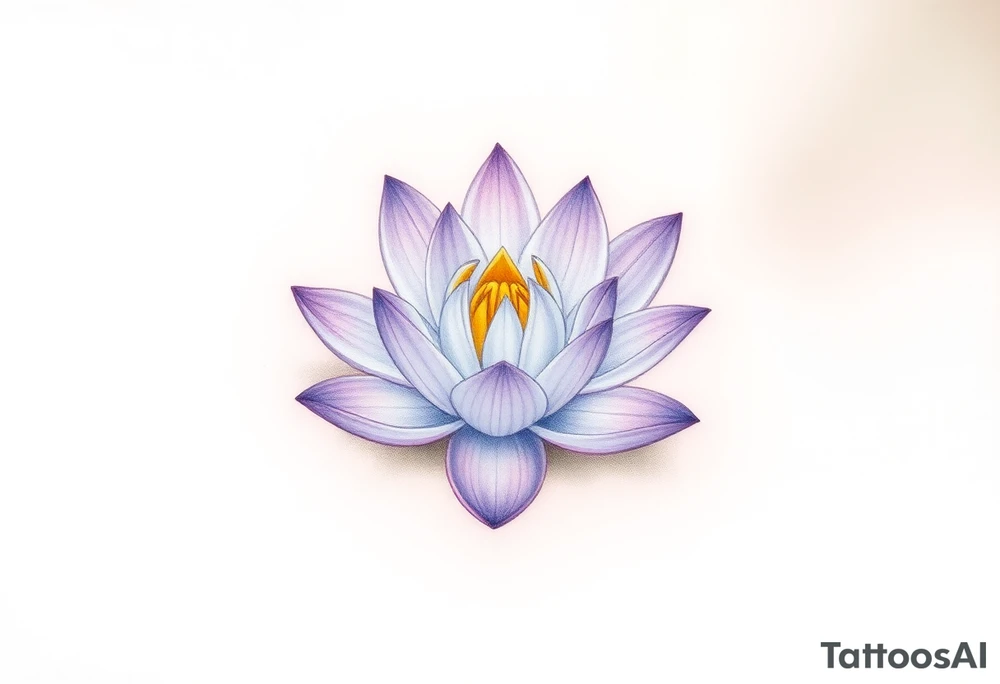 A delicate water lily with lavender-colored petals, surrounded by ethereal gold accents and floating gracefully in a misty, light-gray water, representing spiritual connection tattoo idea