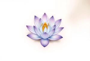 A delicate water lily with lavender-colored petals, surrounded by ethereal gold accents and floating gracefully in a misty, light-gray water, representing spiritual connection tattoo idea