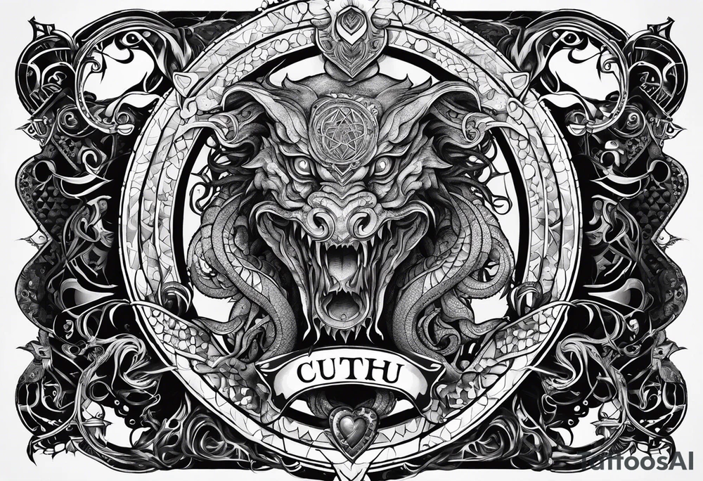Long tattoo for arm. Lovecraftian creature, protecting a heart. Ctulhu. tattoo idea