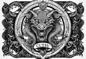 Long tattoo for arm. Lovecraftian creature, protecting a heart. Ctulhu. tattoo idea