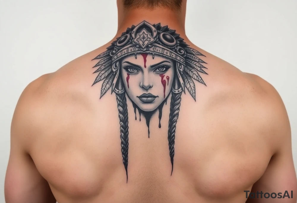 Beautiful Woman with battle scars and blood on face wearing bear headdress tattoo idea