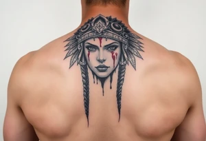 Beautiful Woman with battle scars and blood on face wearing bear headdress tattoo idea