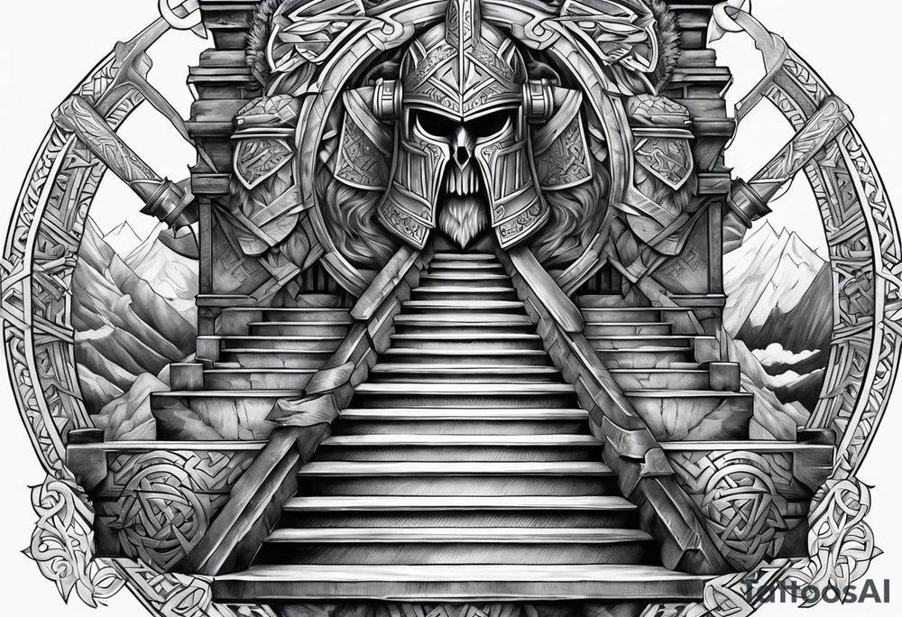 Valhalla sword shield  axe Valknut stairs tattoo idea