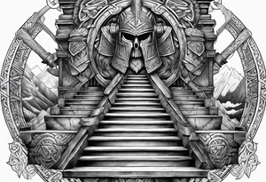 Valhalla sword shield  axe Valknut stairs tattoo idea