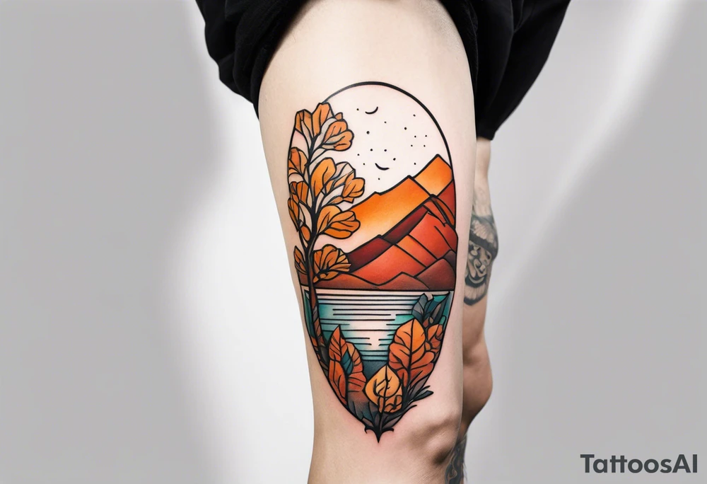 knee tattoo in fall color masculine design with no faces tattoo idea