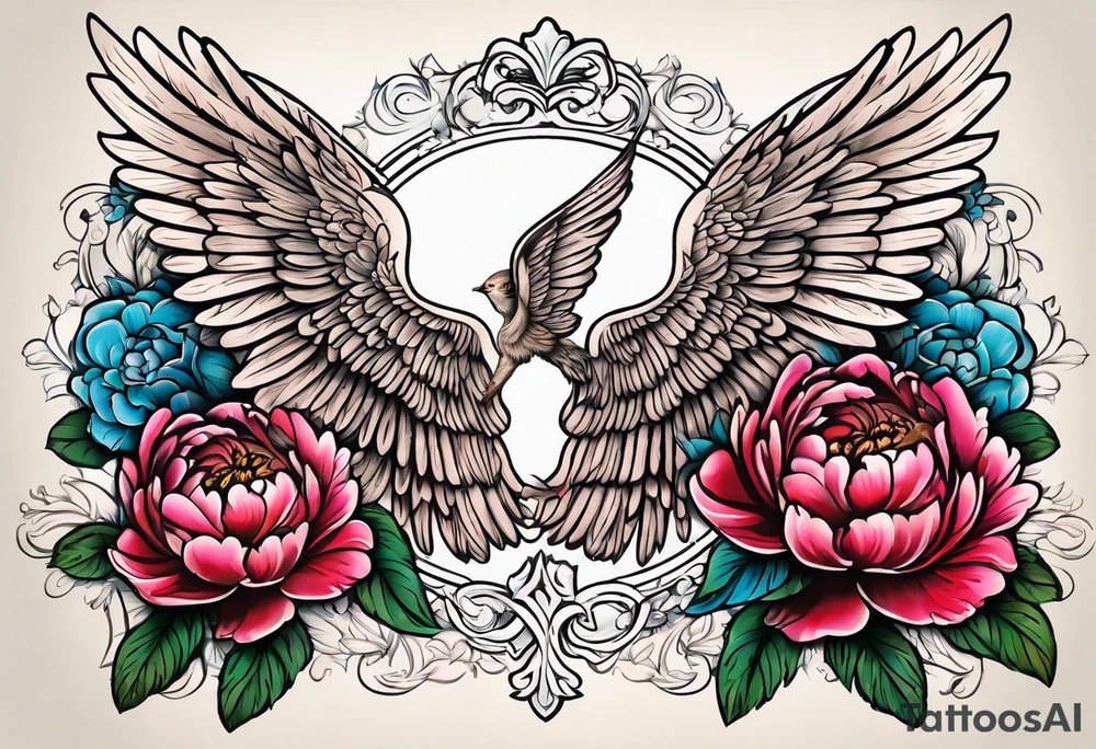 beautiful angel wings with colorful, peonies. beautiful flilligree in the background , full color, traditional old school , white background tattoo idea
