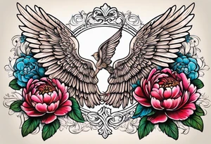 beautiful angel wings with colorful, peonies. beautiful flilligree in the background , full color, traditional old school , white background tattoo idea
