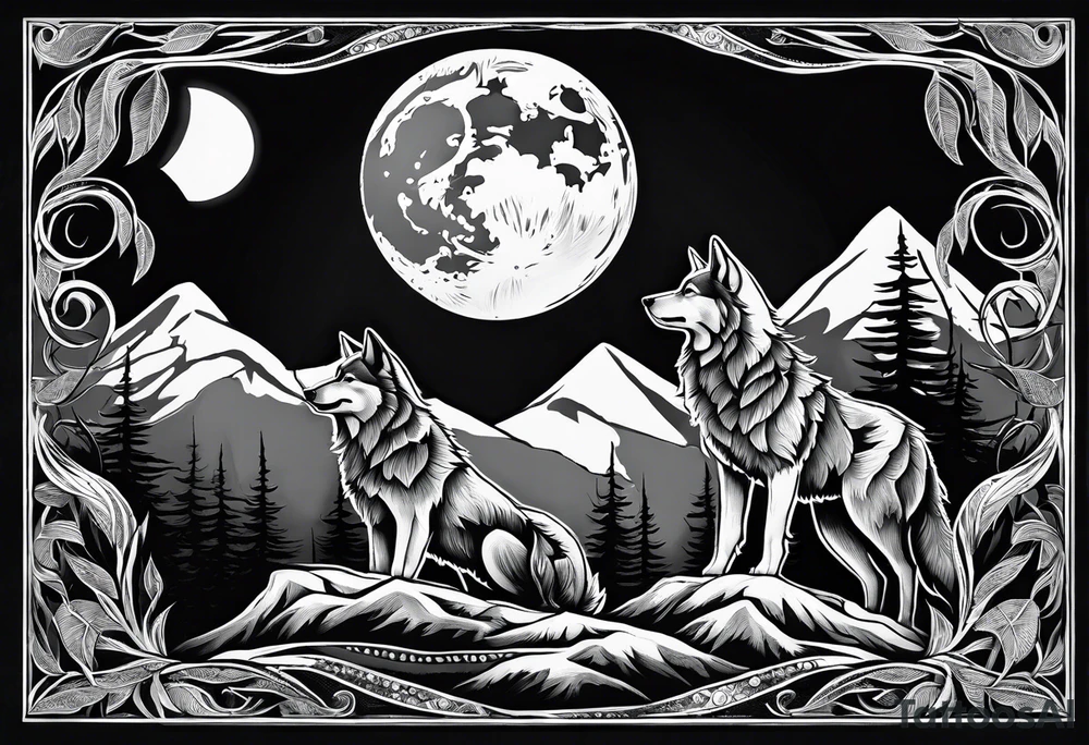 Mountain peaks
Two wolves sitting at end of trail
Moon
Dark woods tattoo idea