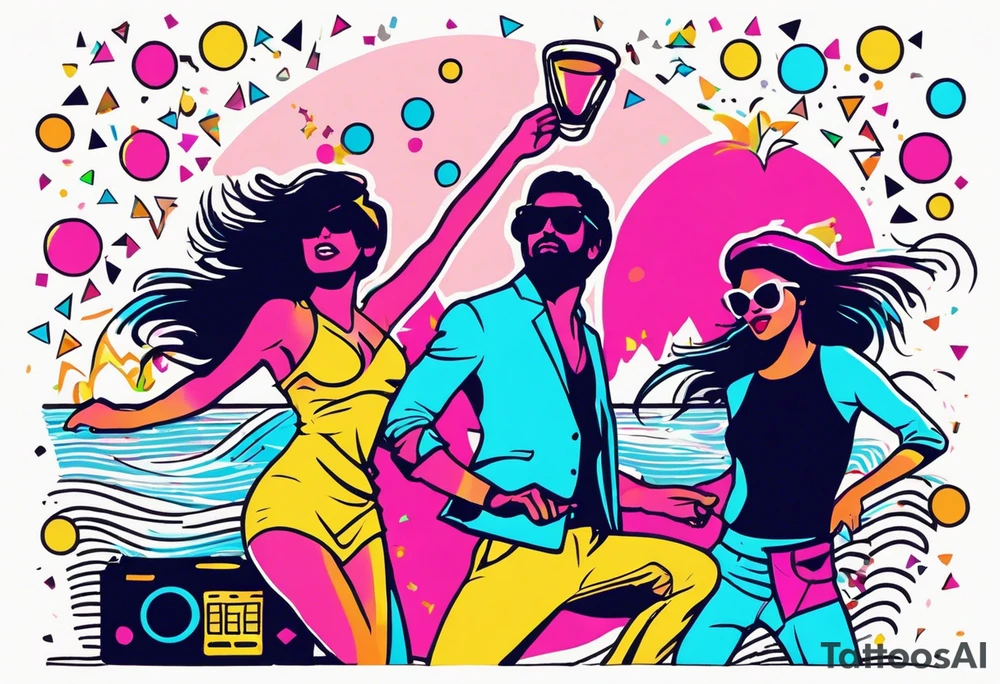1980's miami vice style beach dance 
party, include confetti, music notes, boom box, bikinis sunset in the center tattoo idea