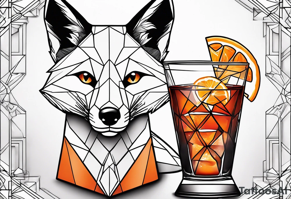 Adult male fox with one Negroni in short lowball cocktail glass with ice and orange peel with geometric background tattoo idea