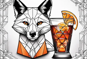 Adult male fox with one Negroni in short lowball cocktail glass with ice and orange peel with geometric background tattoo idea