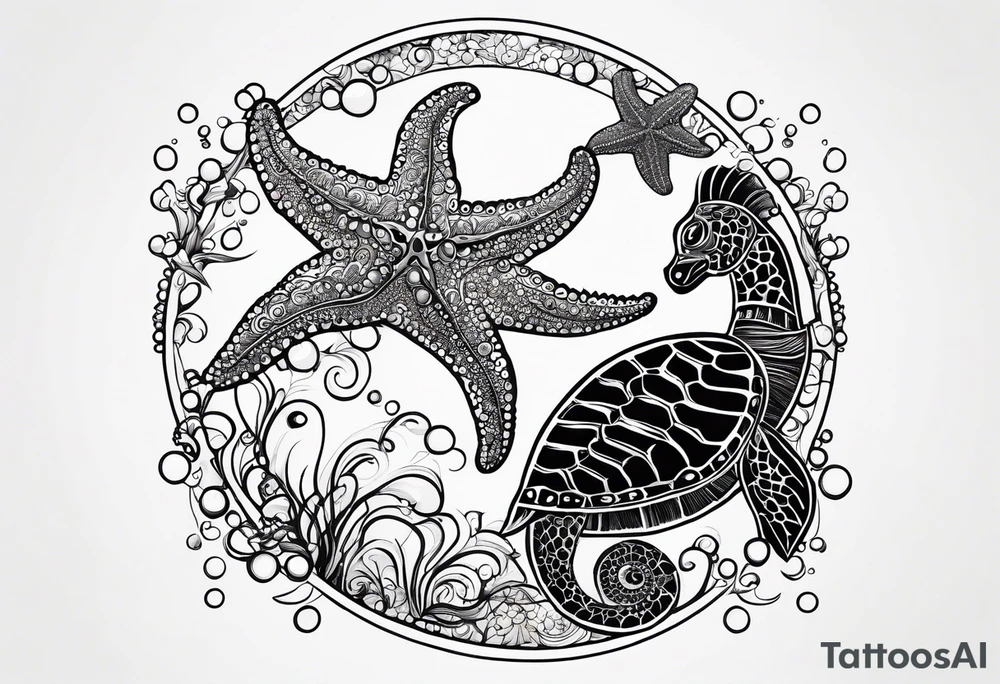 Small Starfish, Seahorse and turtle in a vertical line with bubbles tattoo idea