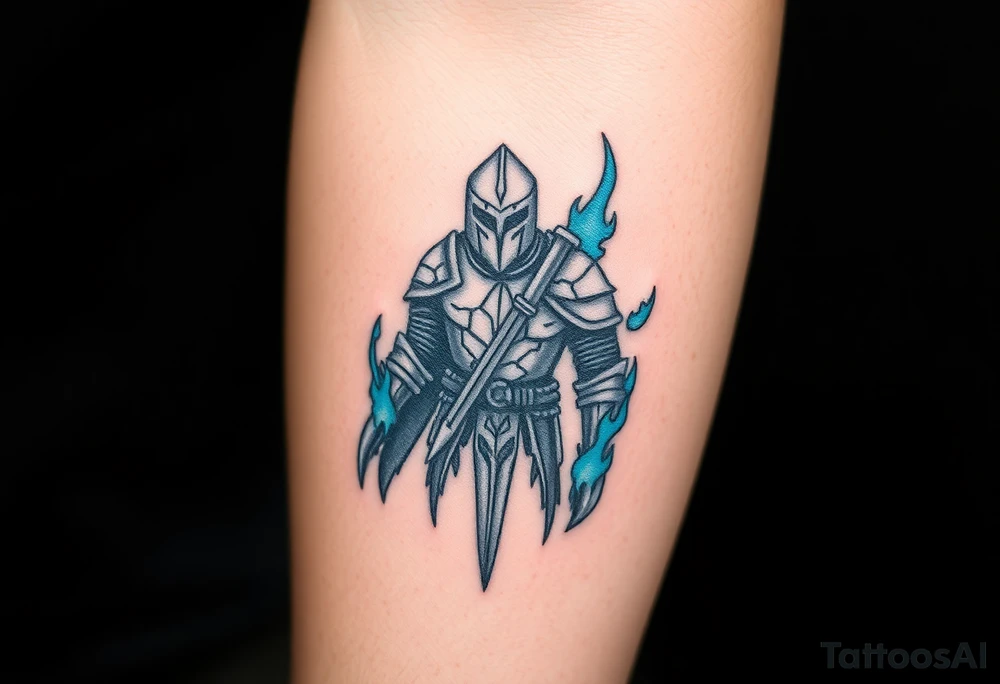 A cursed Templar knight, his armor cracked and oozing dark energy, with eerie blue flames flickering around him tattoo idea