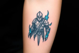 A cursed Templar knight, his armor cracked and oozing dark energy, with eerie blue flames flickering around him tattoo idea