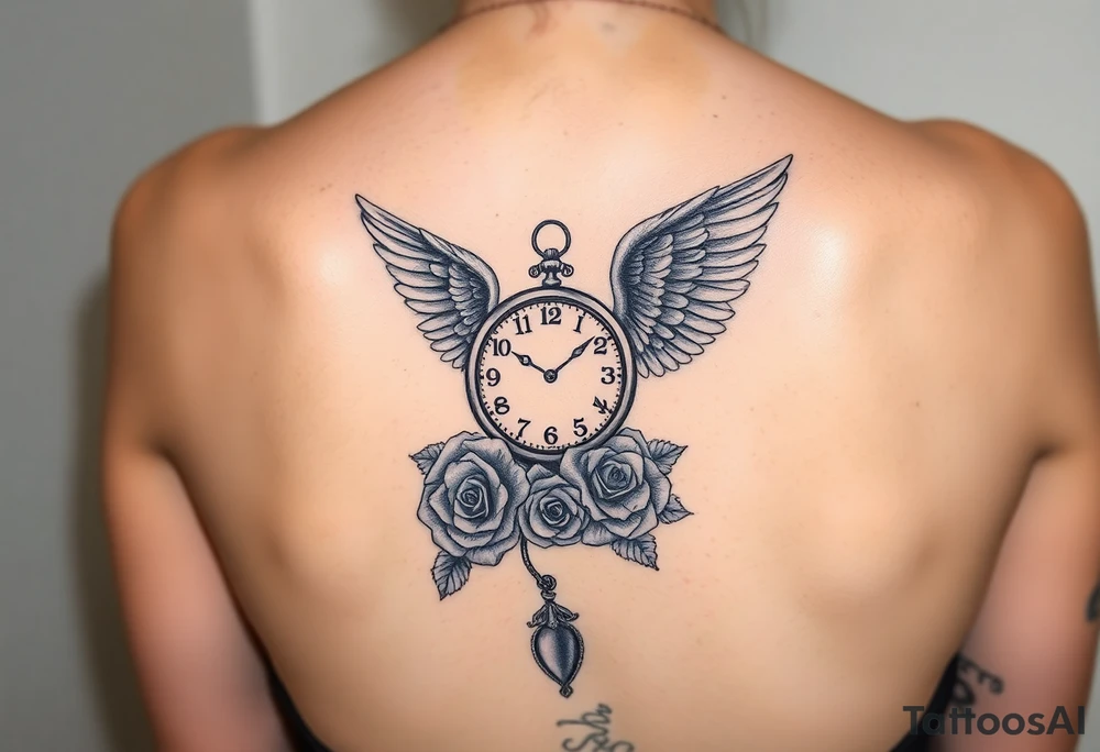 Clock, angel handcuffed, money, roses tattoo idea