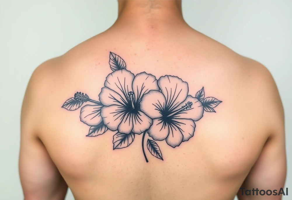 Three hibiscus flowers botanical big tattoo. FINE LINE add greenery around tattoo idea