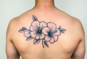 Three hibiscus flowers botanical big tattoo. FINE LINE add greenery around tattoo idea