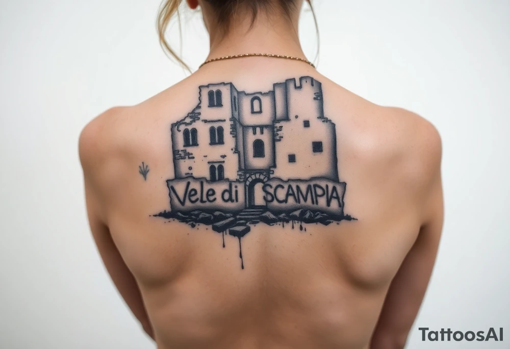 Vele di Scampia ruined and covered in graffiti, large tattoo, lower back area tattoo idea