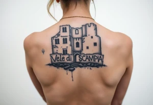 Vele di Scampia ruined and covered in graffiti, large tattoo, lower back area tattoo idea