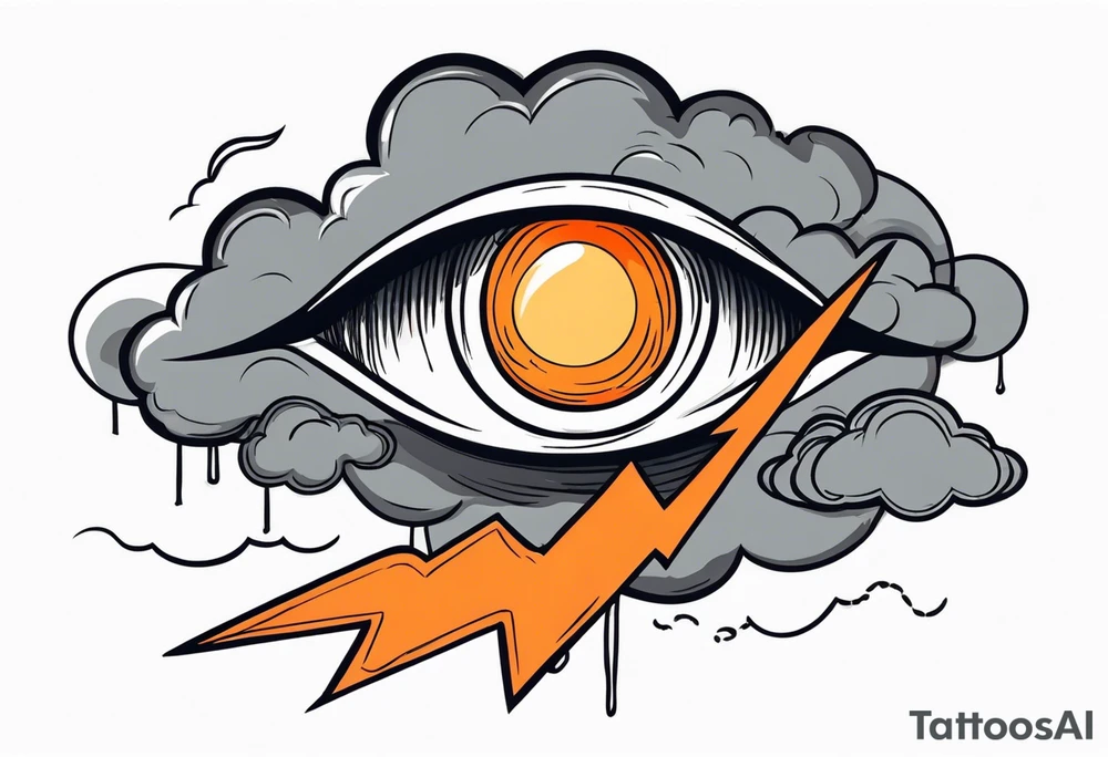 simple eyeball in dark stormy clouds with orange lightning coming from the clouds tattoo idea