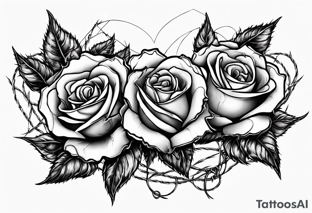 Three roses with barbed wire wrapped around them and a broken heart tattoo idea