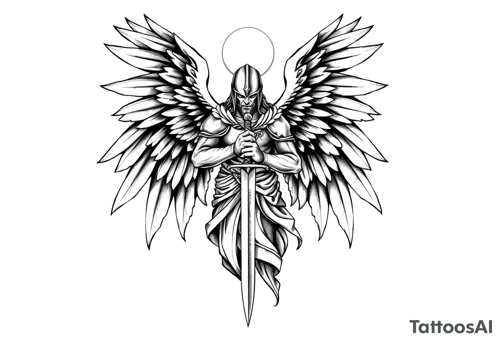 Holy Archangel, Biblical, Christianity, Hebrew, Guards of Christianity, Holding a sword, has six wings, wearing helmet, halo, seraphim tattoo idea