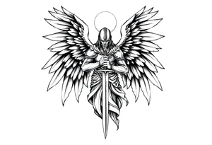 Holy Archangel, Biblical, Christianity, Hebrew, Guards of Christianity, Holding a sword, has six wings, wearing helmet, halo, seraphim tattoo idea