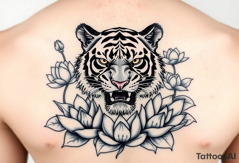 fierce tiger emerging through blooming lotus flowers in mist tattoo idea