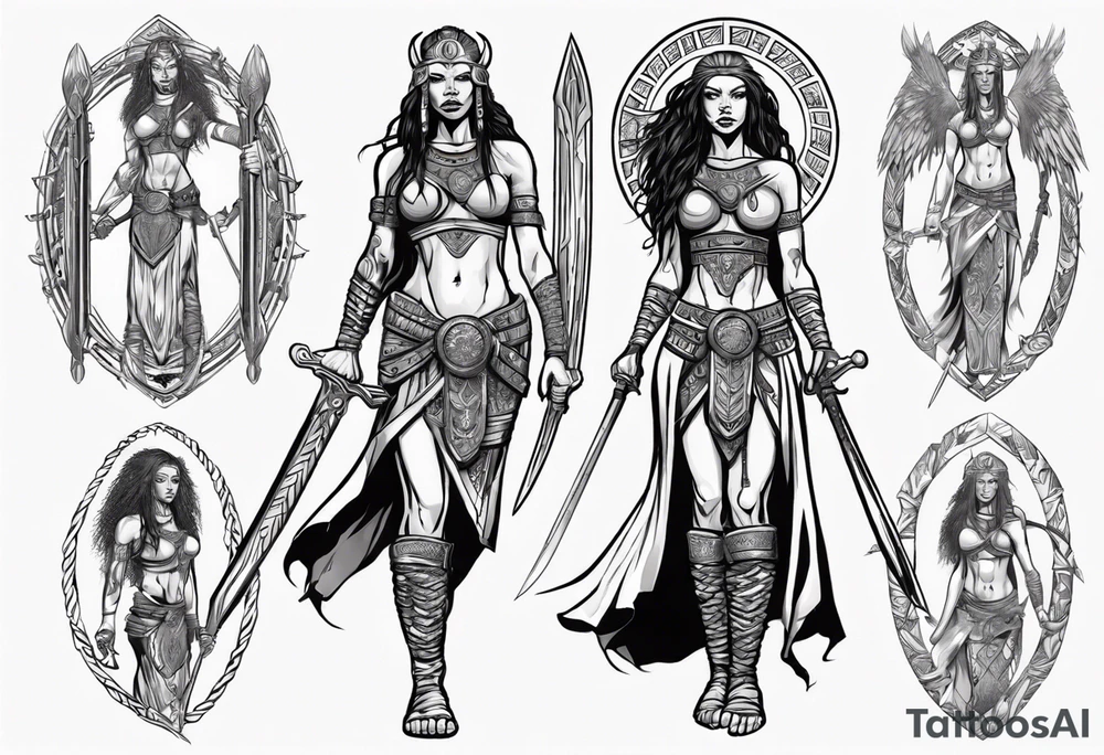 African female valkyre Viking warrior full body angelic
slim long face long braided hair descending from heaven holding sword & shield tattoo idea