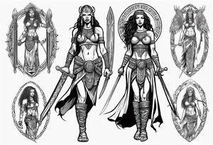 African female valkyre Viking warrior full body angelic
slim long face long braided hair descending from heaven holding sword & shield tattoo idea