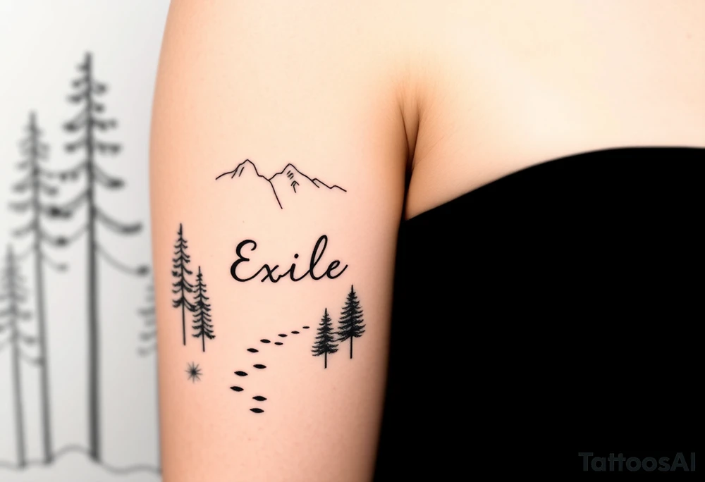 A path in the woods with mountains in the background. The word "Exile" blended in the drawing tattoo idea