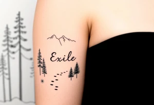 A path in the woods with mountains in the background. The word "Exile" blended in the drawing tattoo idea