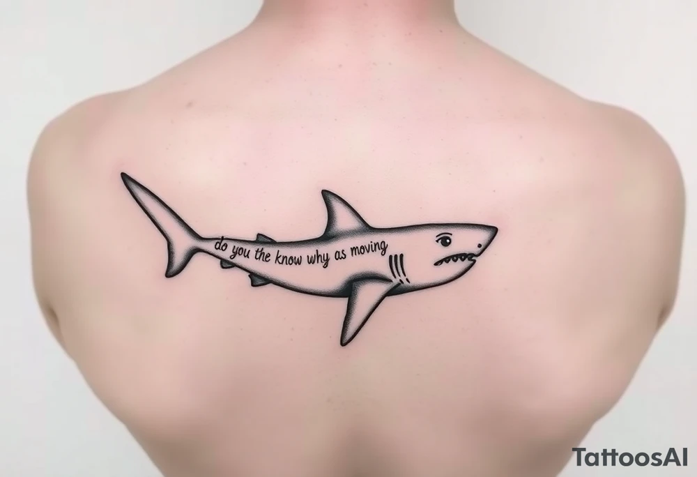 Small Whale shark on back by spine with the words “do you know why a shark keeps moving”wrapped around the shark tattoo idea