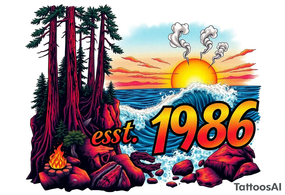 Collage of Redwood forest cliff huge trees campfire smoke and sunset meeting ocean  with huge waves crashing on the rocky shoreline with the words "est.1986" in graffiti like old English custom letters tattoo idea